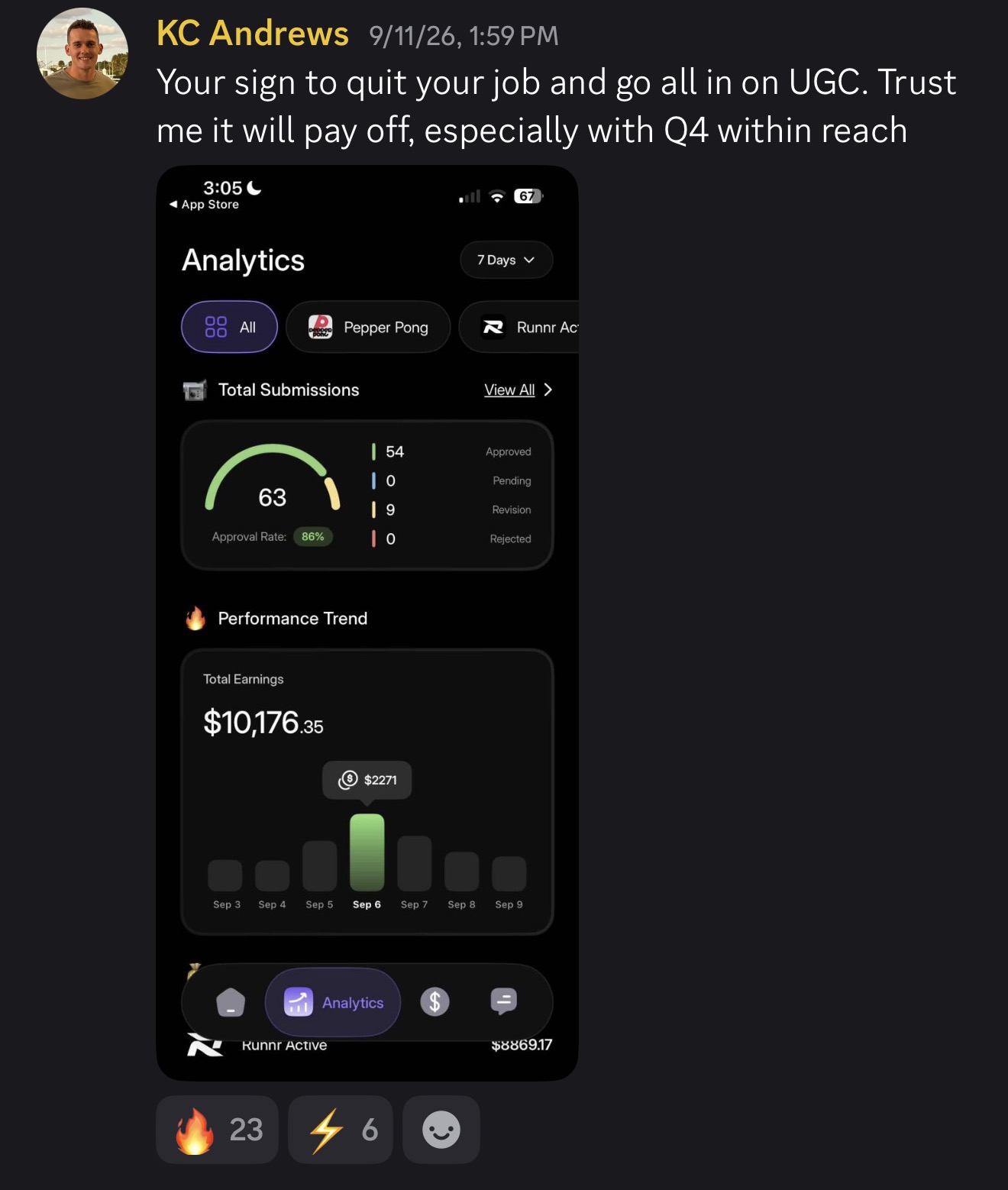 KC Andrews sharing Trybe UGC analytics and creator progress